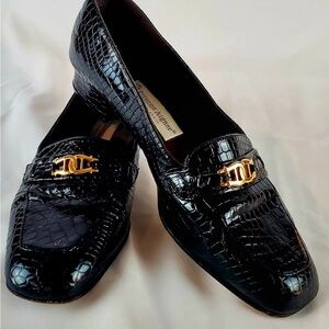 Etienne Aigner Black Crocodile Pattern Loafers with Gold Accents